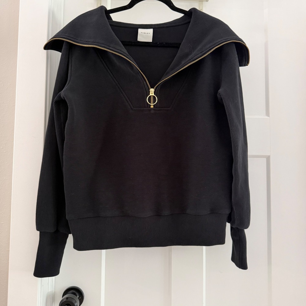 Varley Vine Ottoman Half Zip Pullover Black Ribbed Sweater XXS Gold Zipper
